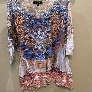 B.L.E.U. Women's Floral Mandala Top - Blue, Orange, Brown